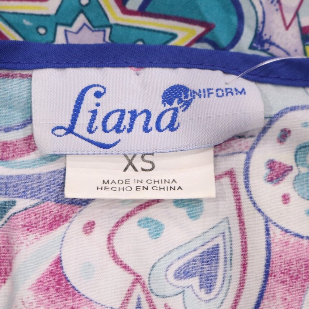 Liana Medical Scrub Top Women's XS Blue Multicolor Pattern VTG V-Neck Tie Back - Picture 10 of 11